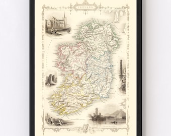 Ireland Map Art - Vintage Print from 1851 - Old Ireland Art - Framed or Canvas