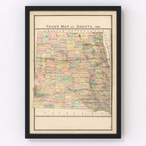 South Dakota, North Dakota Map 1885, Vintage South Dakota, North Dakota Map, Old South Dakota, North Dakota Art, Wall Art Gift for South Dak