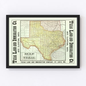 Texas Map 1876 - Old Map of Texas Art Vintage Print Framed Wall Art Canvas Portrait TX History Genealogy Farmhouse Décor