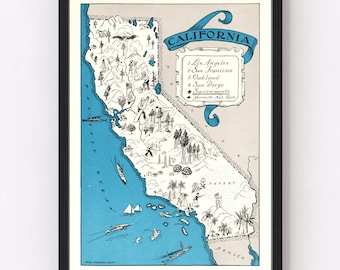 California Map 1931 - Old Map of California Art Vintage Print Framed Wall Art Canvas Portrait CA History Genealogy Farmhouse Décor