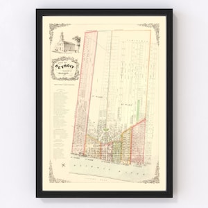 Detroit Map 1853, Vintage Detroit Map, Old Detroit Michigan Art, Wall Art Gift for Detroit History Lovers Retro Decor