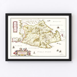 May include: An antique map of the Scottish region of Caithness, printed in black, brown, and yellow ink on a white background. The map shows the coastline, rivers, and towns of the region. The title "Cathehensia Caithness" is printed in a decorative font at the bottom of the map.