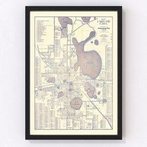 Lakeland Map 1930 - Old Map of Lakeland Florida Art Vintage Print Framed Canvas Portrait History Genealogy Farmhouse Décor