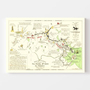 Rides of Paul Revere Map 1929 - Old Map of Rides of Paul Revere Art ...