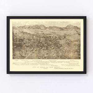 Santa Fe Map 1885 - Old Map of Santa Fe New Mexico Art Vintage Print Framed Canvas Birds Eye View Portrait History Genealogy Farmhouse Décor