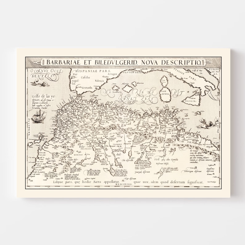 K&ouml;nnte beinhalten: Eine antike Schwarzwei&szlig;karte von Barbarien und Biledulgerid, einer Region in Nordafrika. Die Karte tr&auml;gt den Titel "BARBARIAE ET BILEDVLGERID, NOVA DESCRIPTION" und enth&auml;lt den Text "Libyae pars, que hodie Sarra appellatur." Die Karte zeigt die K&uuml;ste Nordafrikas, einschlie&szlig;lich des Mittelmeers und des Atlantischen Ozeans.