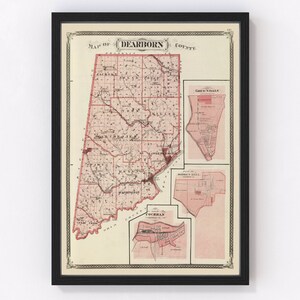 Dearborn County Map 1876, Vintage Dearborn County Map, Old Dearborn County Indiana Art, Wall Art Gift for Dearborn County History Lovers Ret