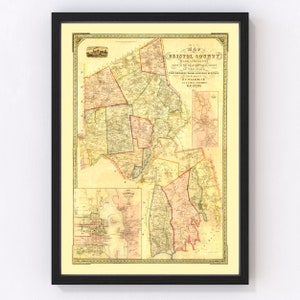 Bristol County Map 1852, Vintage Bristol County Map, Old Bristol County Massachusetts Art, Wall Art Gift for Bristol County History Lovers R