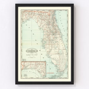 Florida Map 1888 - Old Map of Florida Art Vintage Print Framed Wall Art Canvas Portrait FL History Genealogy Farmhouse Décor