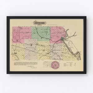 May include: An antique map of Atchison County, Kansas, showing the townships and roads. The map is printed in black, red, green, and yellow on a cream-colored background. The map is dated 1878.