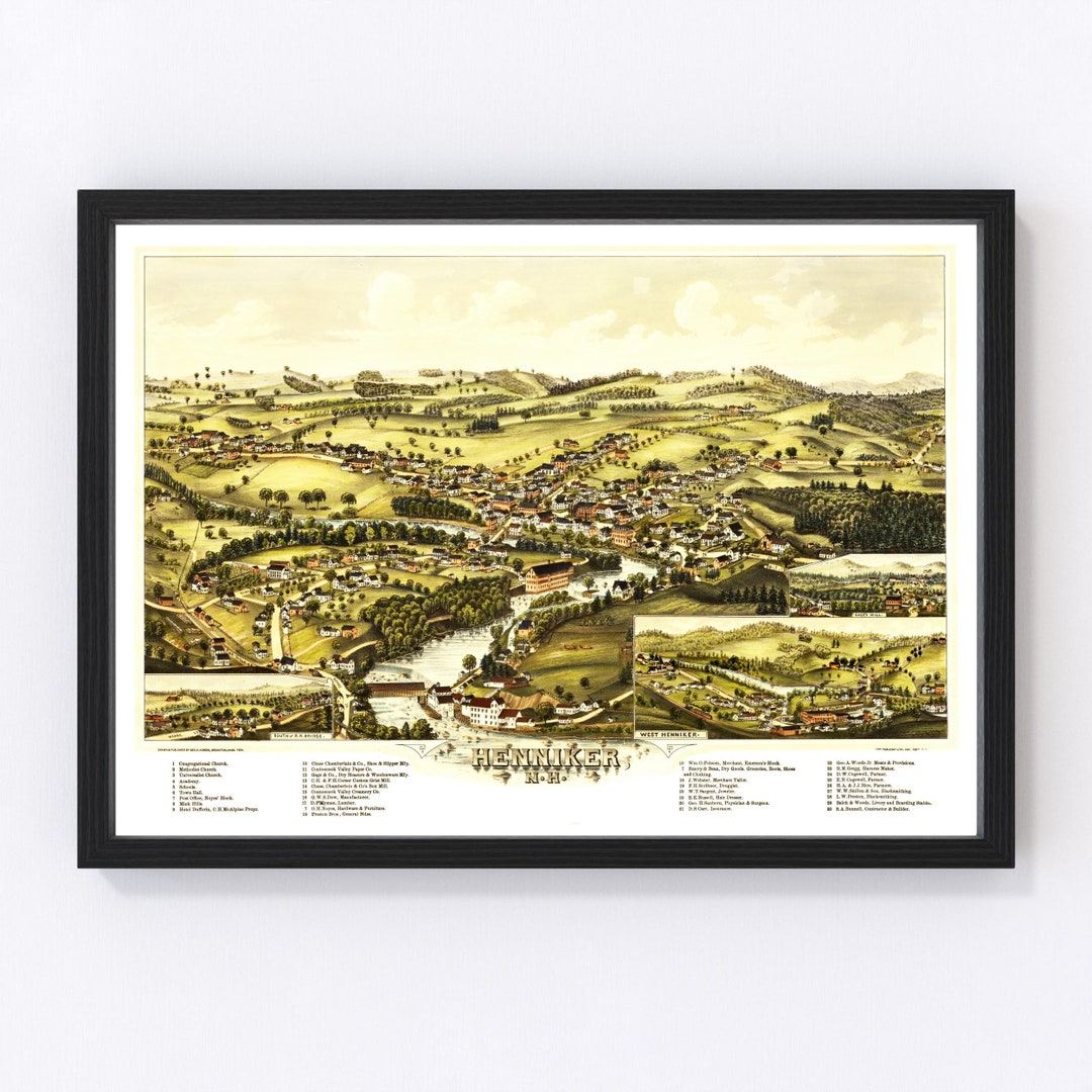 Henniker Map 1889 Old Map of Henniker New Hampshire Art Vintage Print