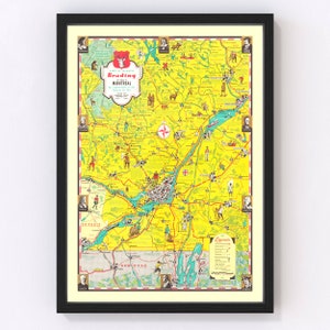 May include: A vintage map of the area surrounding Montreal, Canada, with a yellow background and colorful illustrations. The map is titled "Trading Montreal" and includes a legend with symbols and descriptions. The map is framed in black.