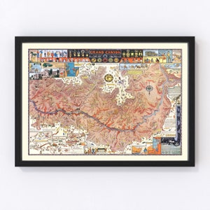 May include: Framed vintage map of the Grand Canyon. The map features detailed illustrations and text, with a color palette of red, brown, and beige. The map is framed in a black frame with a cream-colored mat.