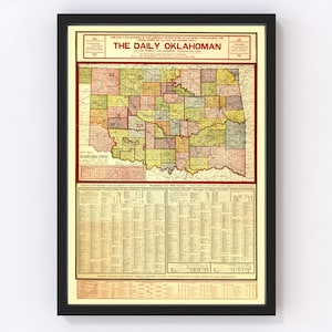 Oklahoma Map 1905 - Old Map of Oklahoma Art Vintage Print Framed Wall Art Canvas Portrait OK History Genealogy Farmhouse Décor