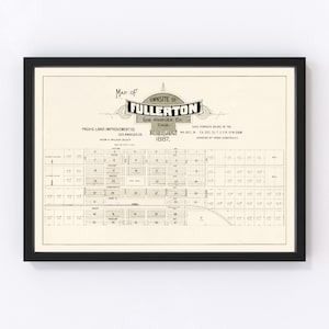 May include: A vintage map of the townsite of Fullerton, California, dated 1887. The map shows the layout of the town with numbered blocks and streets. The map is printed in black and white on a cream-colored background.