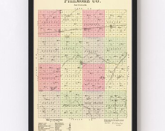 Fillmore County Map 1885, Vintage Fillmore County Map, Old Fillmore County Nebraska Art, Wall Art Gift for Fillmore County History Lovers Re