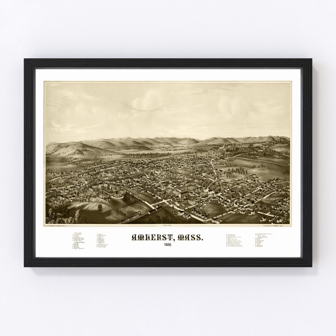 Amherst Map 1886 Old Map of Amherst Massachusetts Art Vintage Print Framed Canvas Bird's Eye