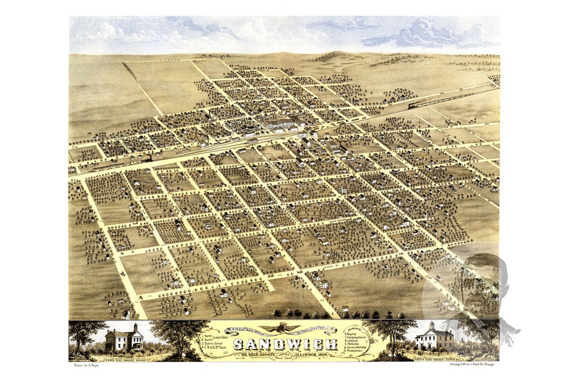 Vintage Sandwich Map 1869 Old Map of Sandwich Illinois Etsy