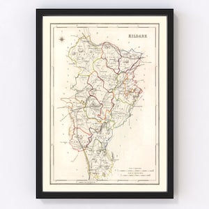 Kildare County Ireland Map 1846 - Old Map of Kildare County Ireland Ireland Art Vintage Print Framed Wall Art Canvas Portrait  History