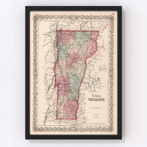 Vermont Map 1861, Vintage Vermont Map, Old Vermont Art, Wall Art Gift for Vermont History Lovers Retro Decor