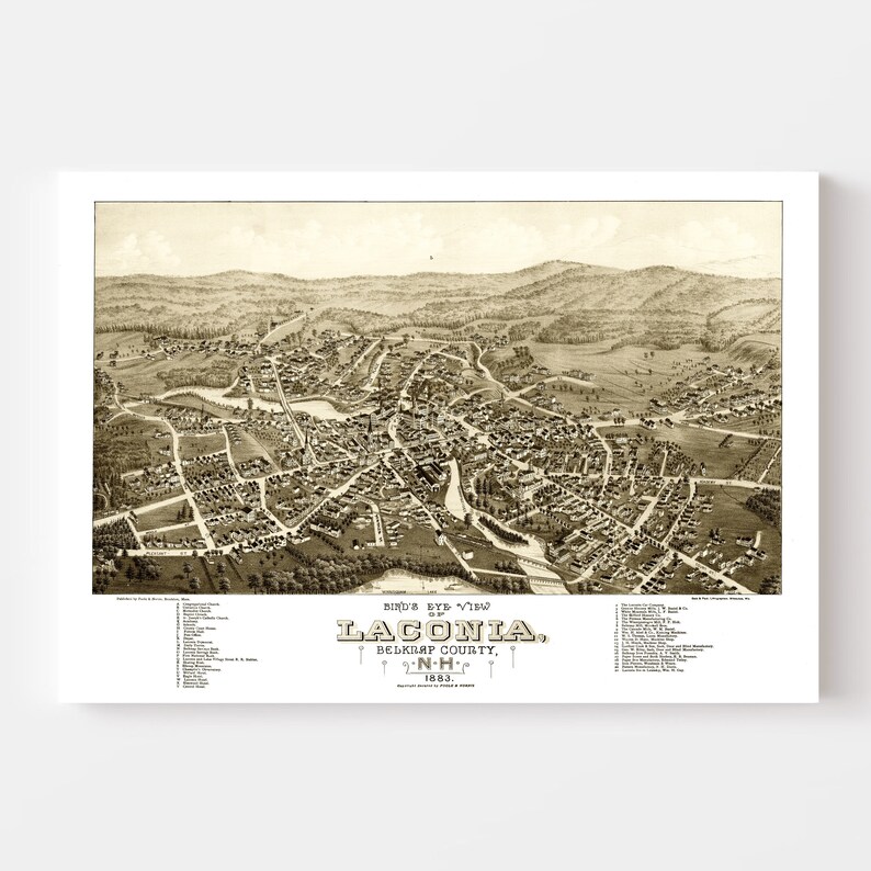 Laconia Map 1883 Old Map of Laconia New Hampshire Art Vintage Print Framed Canvas Bird's Eye View Portrait History Genealogy Farmhouse image 3