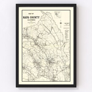 May include: A vintage black and white map of Napa County, California. The map shows roads, towns, and geographical features. The title "Map of Napa County, California" is at the top of the map.
