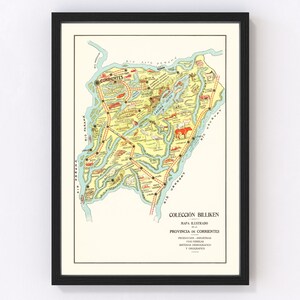May include: A vintage illustrated map of the Corrientes Province in Argentina. The map features a colorful depiction of the region's geography, including rivers, lakes, and towns. The map is titled "Colección Billiken Mapa Ilustrado de la Provincia de Corrientes."