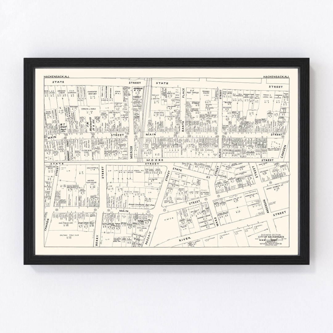 Hackensack Map 1947 Old Map of Hackensack Business Section New Jersey