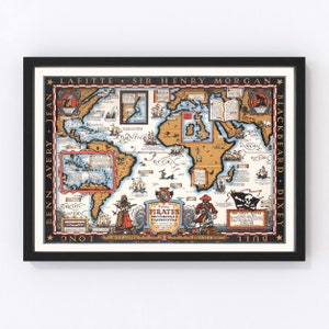Pirate Map 1938, Vintage Pirate Map, Old Pirate Art, Wall Art Gift for Pirate History Lovers Retro Decor