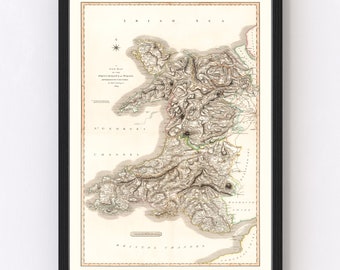 Wales Map 1809 - Old Map of Wales Art Print Framed Wall Art Vintage Canvas Portrait History Ancestry Genealogy Travel