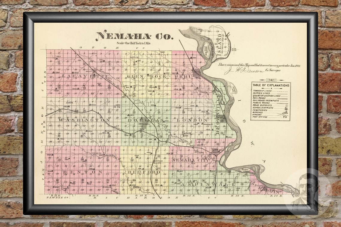 Vintage Nemaha County NE Map 1885 Old Nebraska Map Etsy