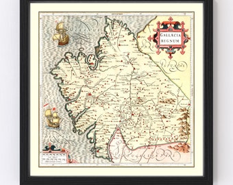 Galicia Spain Map 1623 - Old Map of Galicia Spain Spain Art Vintage Print Framed Wall Art Canvas Portrait  History Genealogy Travel Ancestry