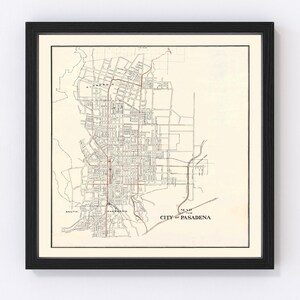 May include: A vintage map of Pasadena, California, showing the city's streets and neighborhoods. The map is printed in black and white with red lines highlighting major roads. The text "MAP OF THE CITY OF PASADENA" is printed at the bottom of the map.