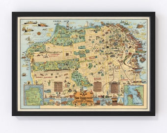 San Francisco Map 1927 - Old Map of San Francisco California Art Vintage Print Framed Canvas Portrait History Genealogy Farmhouse Décor