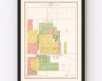 Stuart Map 1917, Vintage Stuart Map, Old Stuart Iowa Art, Wall Art Gift for Stuart History Lovers Retro Decor