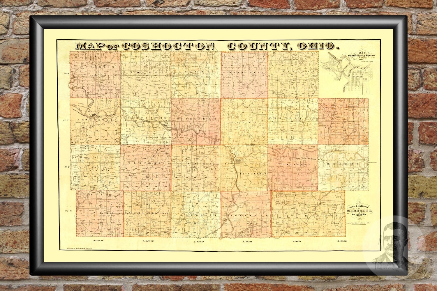 Vintage Coshocton County Map 1850 Old Map of Coshocton | Etsy