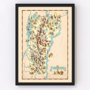 Vermont Map 1935 - Old Map of Vermont Art Vintage Print Framed Wall Art Canvas Portrait VT History Genealogy Farmhouse Décor