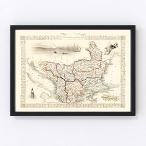 Turkey Map 1851, Vintage Turkey Map, Old Turkey Art, Wall Art Gift for Turkey History Lovers Retro Decor
