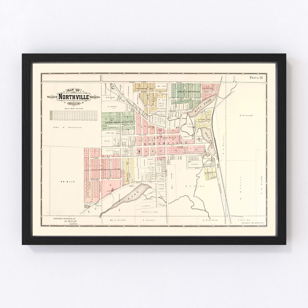 Northville Map 1893 Old Map of Northville Michigan Art Vintage Print Framed Canvas Portrait ...