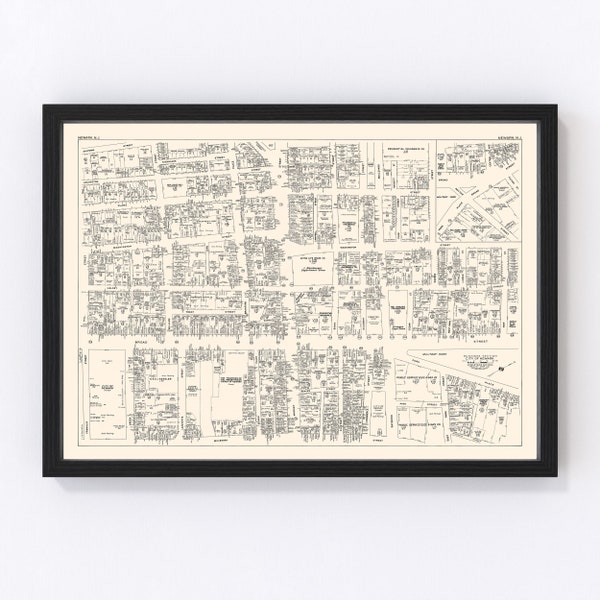 Newark Map 1947 - Old Map of Newark Business Section New Jersey Art Vintage Print Framed Canvas Portrait History Genealogy Farmhouse Décor