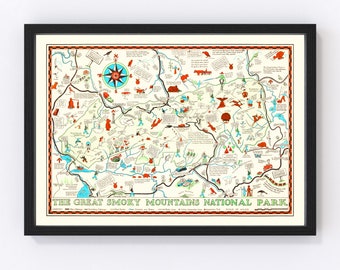 The Great Smoky Mountains National Park Map 1939 - Old Map of The Great Smoky Mountains National Park Art Vintage Print Framed Wall