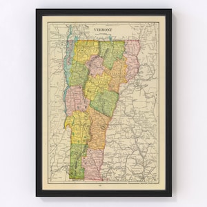 Vermont Map 1909 - Old Map of Vermont Art Vintage Print Framed Wall Art Canvas Portrait VT History Genealogy Farmhouse Décor