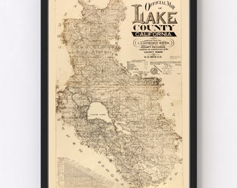 Lake County California Map 1892 - Old Map of Lake County California Art Vintage Print Framed Canvas Portrait History Genealogy Farmhouse