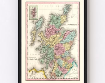 Scotland Map 1842, Vintage Scotland Map, Old Scotland Art, Wall Art Gift for Scotland History Lovers Retro Decor