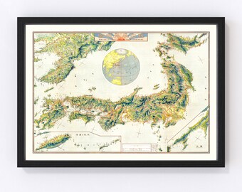 May include: A vintage map of Japan with a globe inset in the upper left corner. The map is printed in shades of green, brown, and blue, and shows the islands of Japan in detail. The map is titled "Japan" in Japanese characters.
