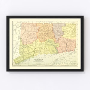 Connecticut Map 1900, Vintage Connecticut Map, Old Connecticut Art, Wall Art Gift for Connecticut History Lovers Retro Decor