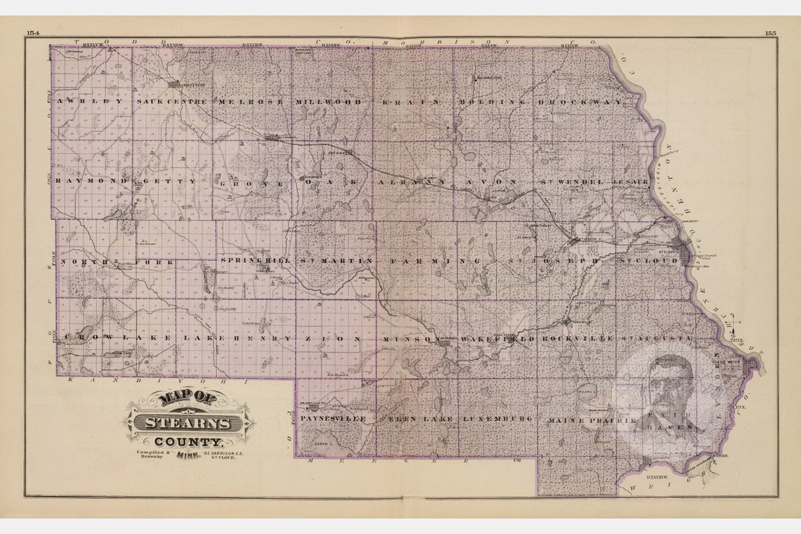 Vintage Stearns County MN Map 1874 Old Minnesota Map Etsy