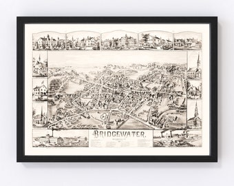 Bridgewater Map 1887, Vintage Bridgewater Map, Old Bridgewater Massachusetts Art, Wall Art Gift for Bridgewater History Lovers Retro Decor