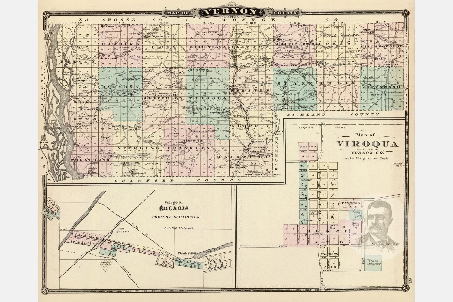 Vintage Vernon County WI Map 1878 Old Wisconsin Map Etsy