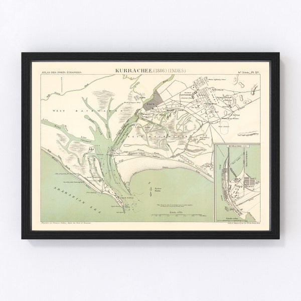 Karachi Map 1888 - Old Map of Karachi Pakistan Art Vintage Print Framed Wall Art Canvas Portrait History Genealogy Travel Ancestry